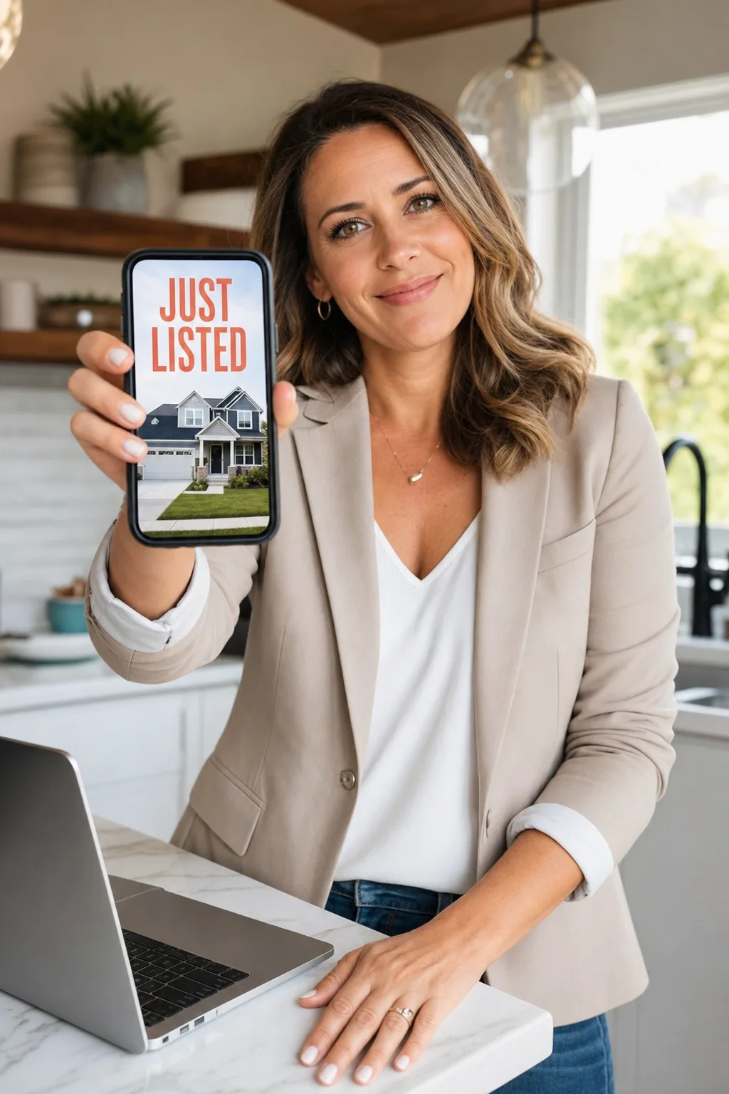 A real estate agent holding her phone, showing a JUST LISTED Instagram post created with the AI Listing Kit